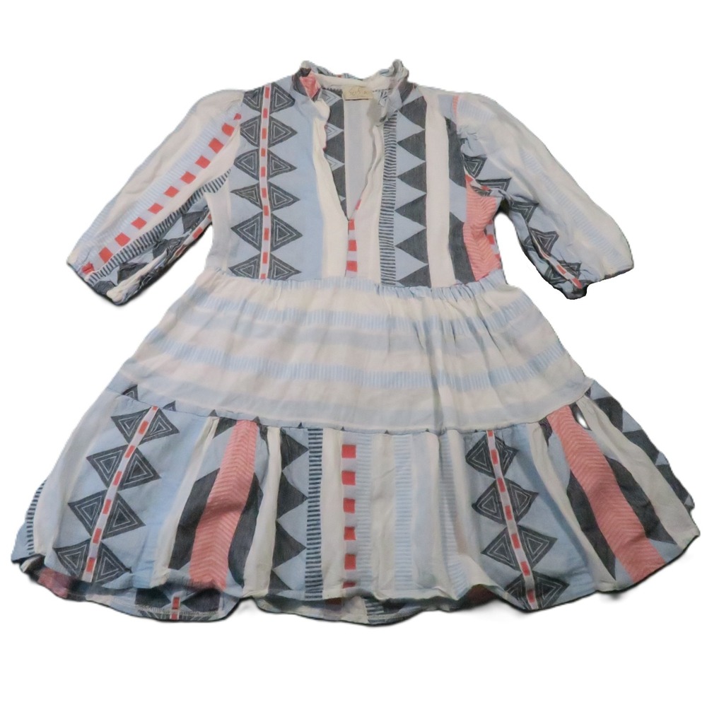 Sofia Geometric Tiered Mini Dress Ruffle V-neck Italy Puff Sleeve Resort Boho‎